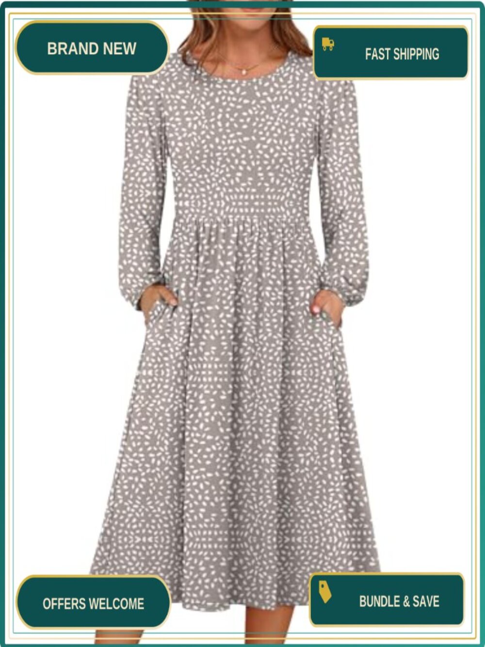 Women's Long Sleeve A-Line Midi Dress with Pockets Casual Fall Lightweight